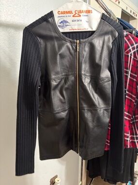 Women's Black Leather Front Zip Jacket with Knit Sleeves